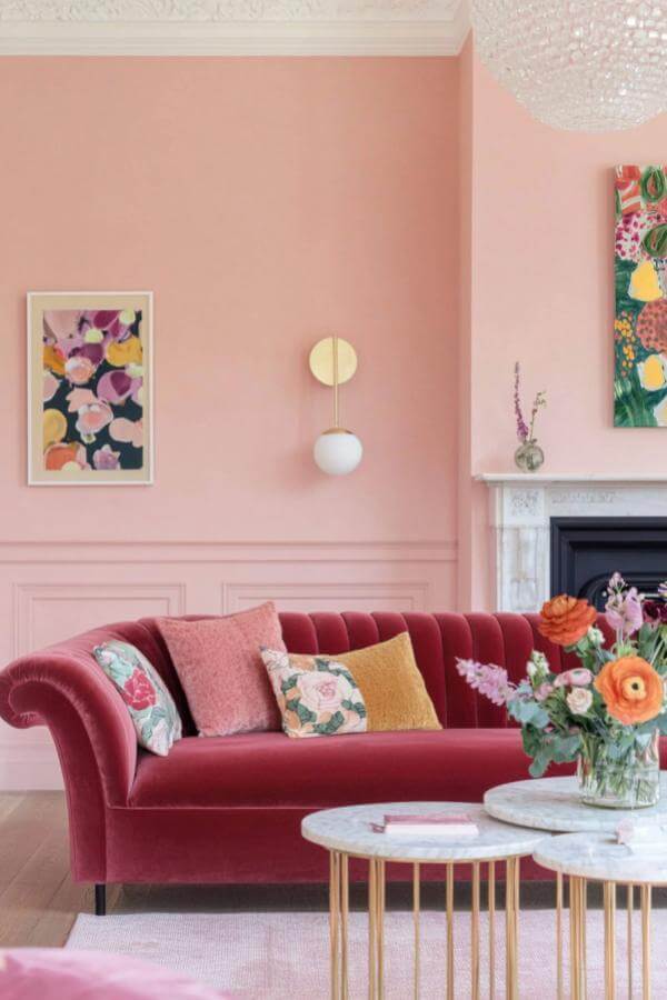 Chic elegance in pink living room, cozy ambiance, pink living room ideas.