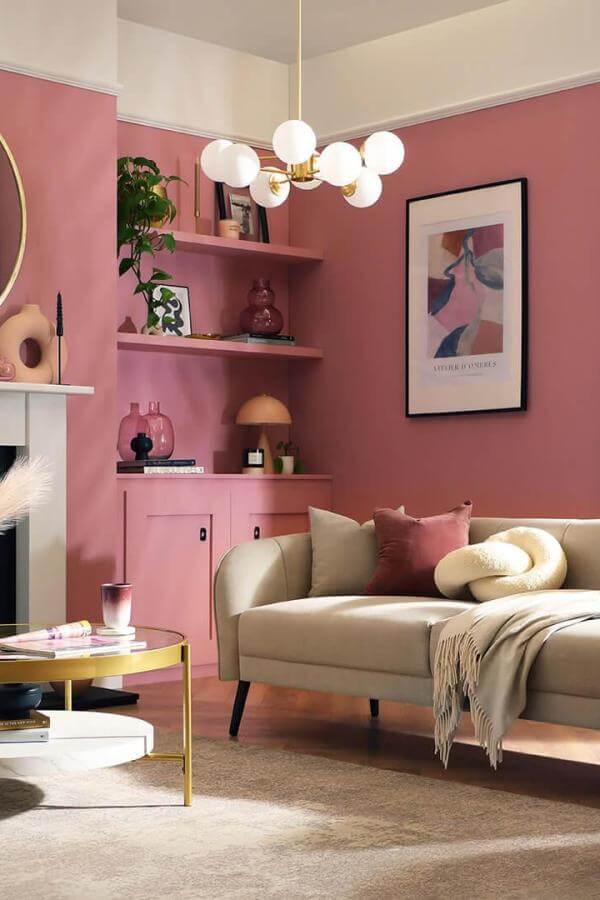 Cozy elegance with sheltered charm in pink living room ideas.