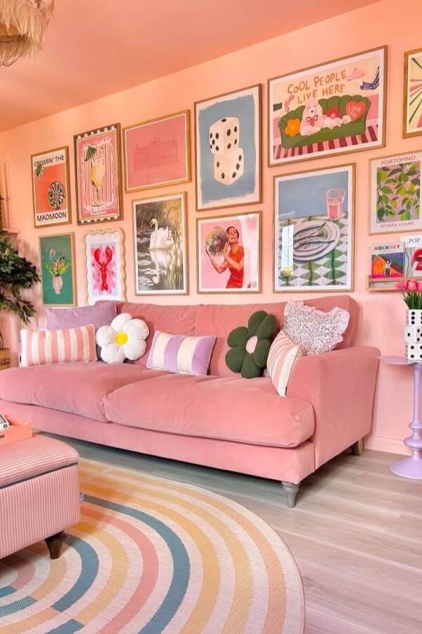 Playful pastel decor highlights pink living room ideas in nostalgic style.