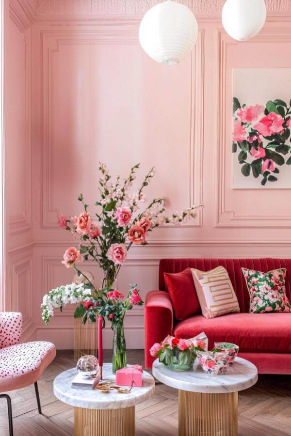 Vibrant Marsala velvet sofa, elegance in pink living room ideas.