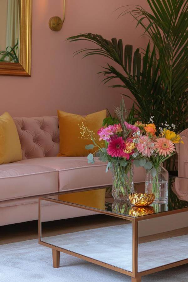 Golden glow meets soft elegance in luxurious pink living room ideas.