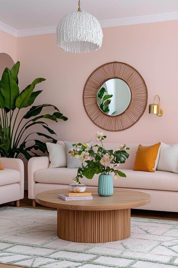 Textured elegance blends with subtle blush in pink living room ideas.