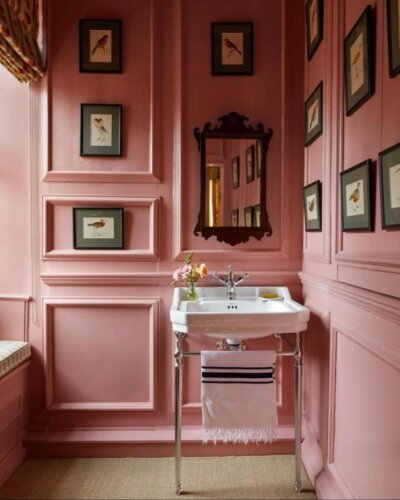 Pink powder room ideas with rose walls, pedestal sink, chrome fixtures, and framed bird prints from @concretecollaborative creating vintage charm ambiance.