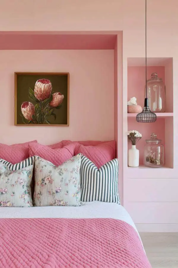 Playful pink shelving with pretty alcove accents from pink teenage girl bedroom ideas for stylish storage.