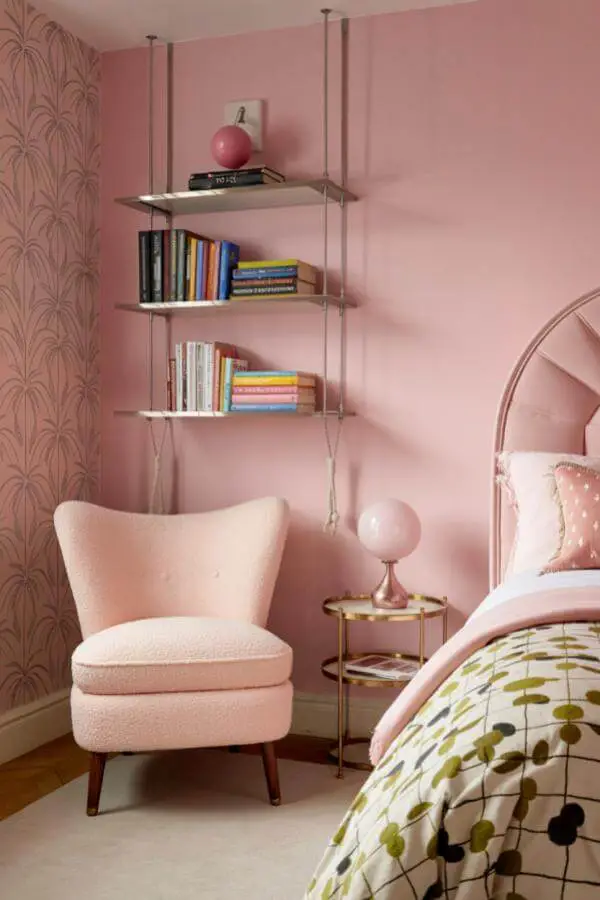 Curved white shelving in pink reading nook from stylish pink teenage girl bedroom ideas adds unique flare.