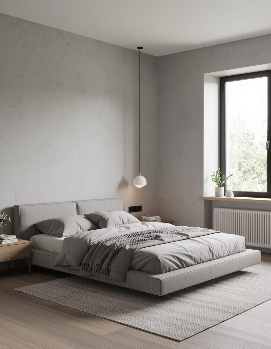 Platform bed with clean lines in minimalist bedroom featuring gray concrete walls and soft natural window light