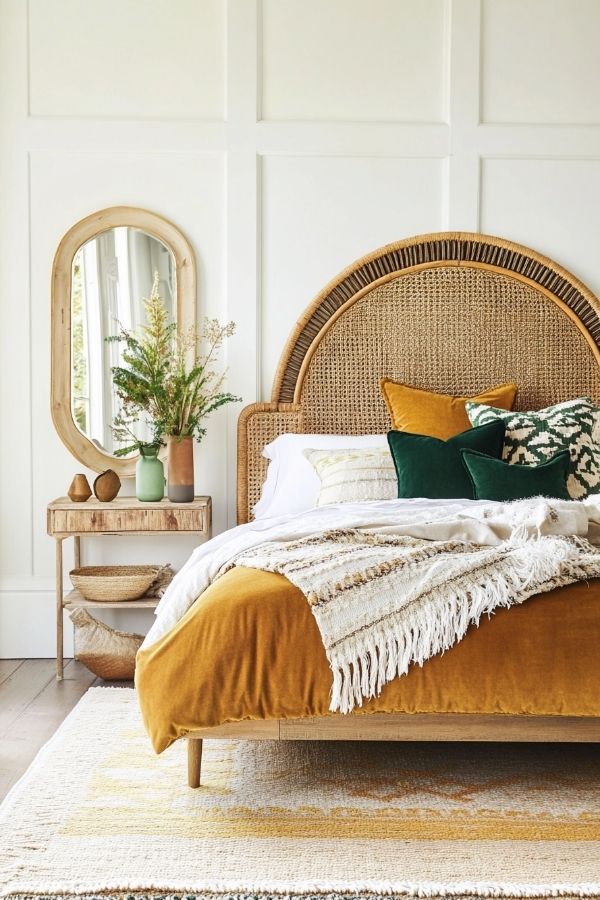 Playful chic boho bedroom with colorful textiles and eclectic decor.