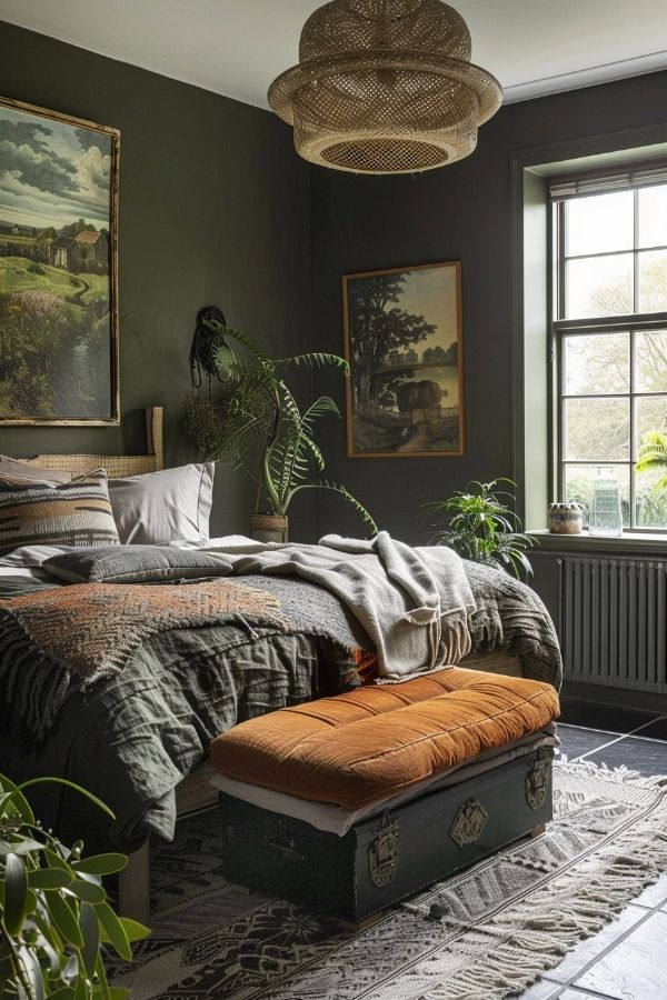 Playful chic boho bedroom with colorful textiles and eclectic decor accents.