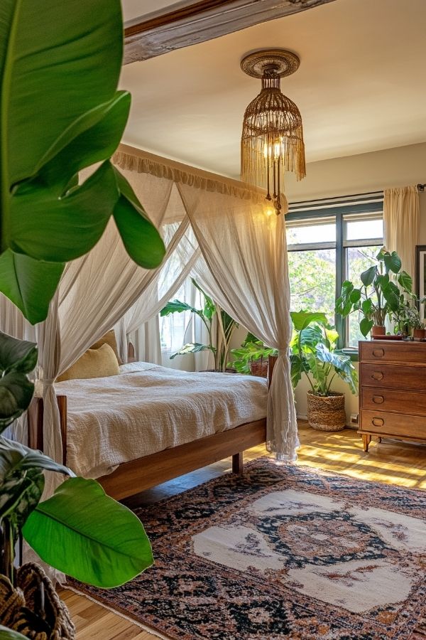 Playful chic boho bedroom with vibrant colors and eclectic decor accents.