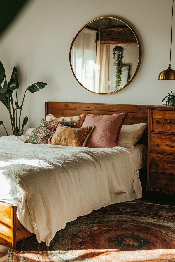 Cozy, colorful textiles with eclectic decor and natural light accents.