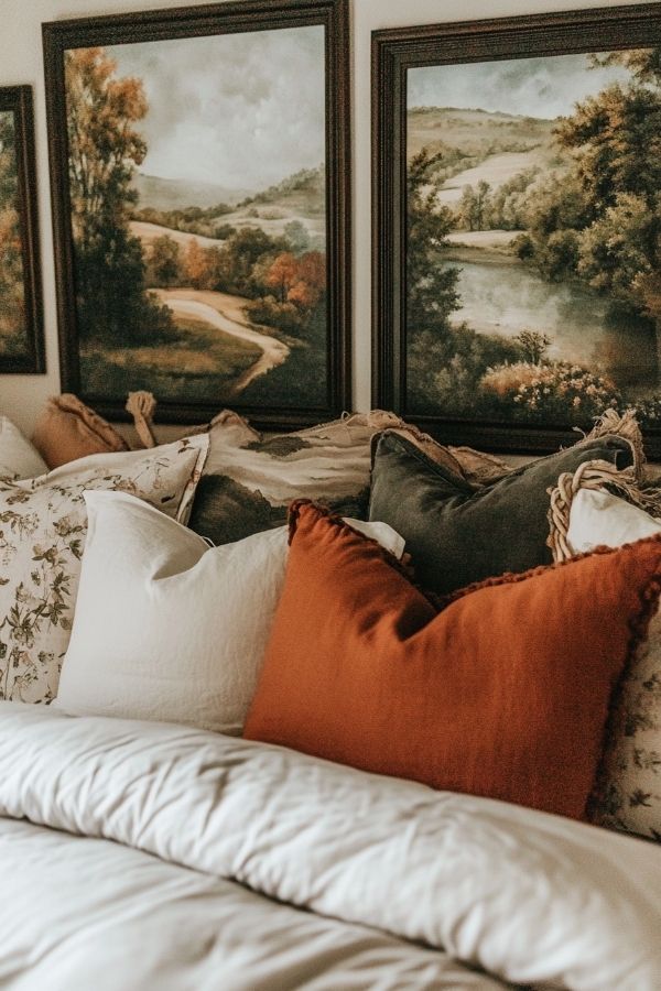 Playful chic boho bedroom with cozy textures, vibrant patterns, and plants.