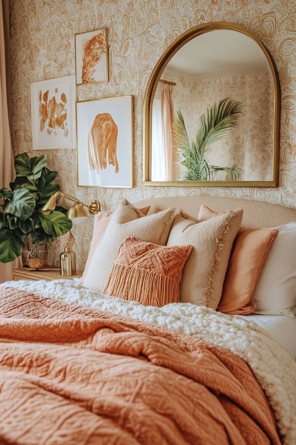 Playful chic boho bedroom with colorful textiles and eclectic decor pieces.