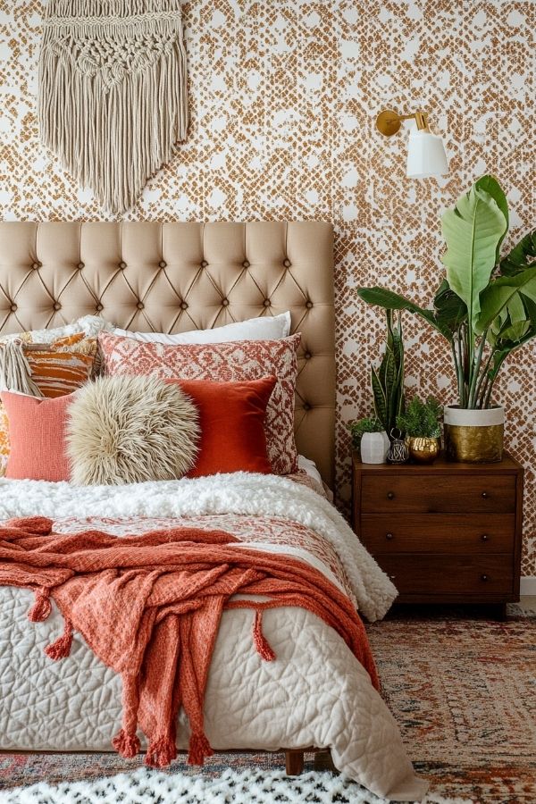 Cozy room with vibrant patterns, eclectic decor, and soft textures.