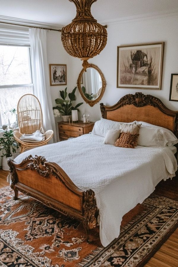 Playful chic boho bedroom: colorful patterns, tassel accents, cozy textures, eclectic decor.