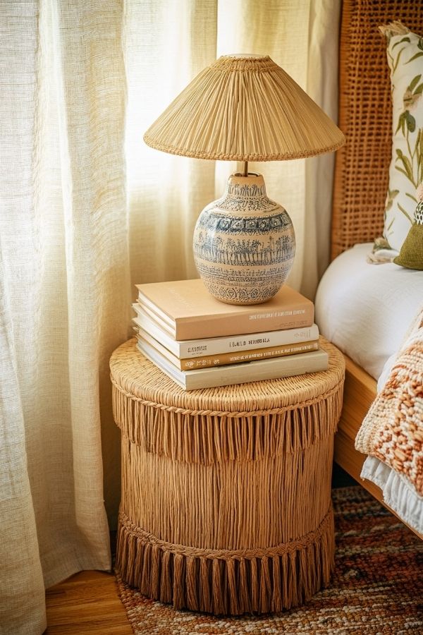 Sunlit room with colorful pillows, macrame wall hangings, and plants.