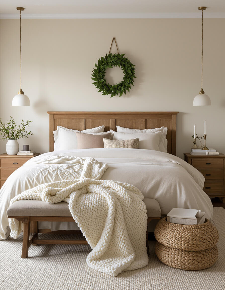 Layered plush throws in cream and blush tones draped across bed creating romantic, cozy bedroom atmosphere with warm lighting.
