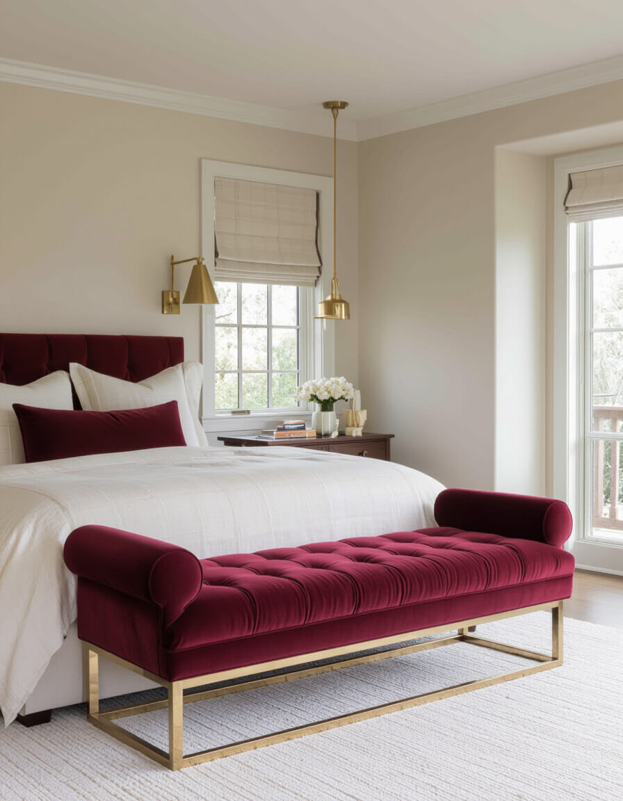 Romantic bedroom featuring burgundy velvet throw pillows and matching bench with brass lighting against cream walls for intimate plush texture appeal