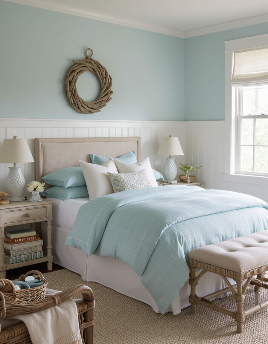 Serene powder blue coastal bedroom featuring soft blue walls, white beadboard wainscoting, and driftwood furniture in pastel bedroom design