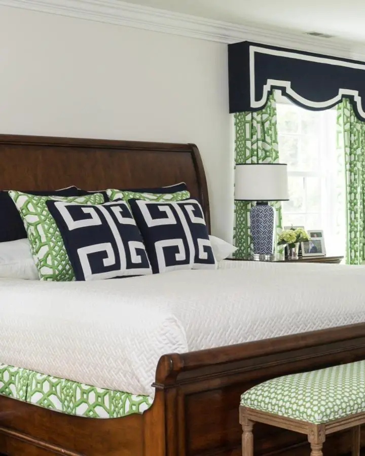 Coordinated green and navy bedroom from @reedacanthus featuring bold geometric patterns and botanical prints.