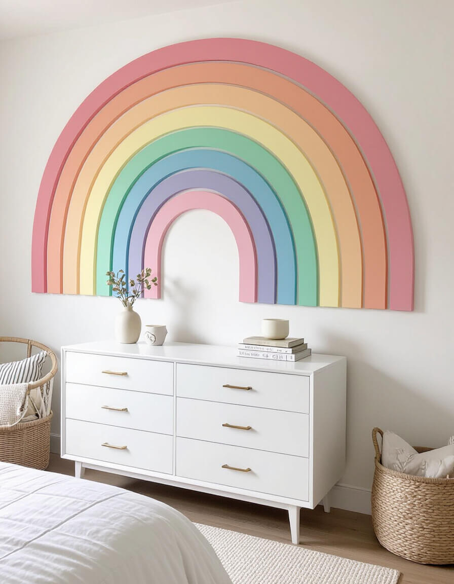 Rainbow pastel gallery wall above white dresser featuring soft colored artwork in mixed frames creating dreamy bedroom aesthetic
