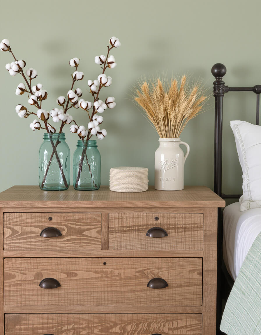 Rustic reclaimed wood headboard and nightstands in sage green farmhouse bedroom with mason jar cotton stems creating authentic vintage charm