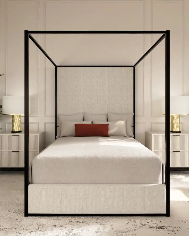 Minimalist four poster bed from @wesleyallenathome featuring neutral linens in a relaxing bedroom sanctuary