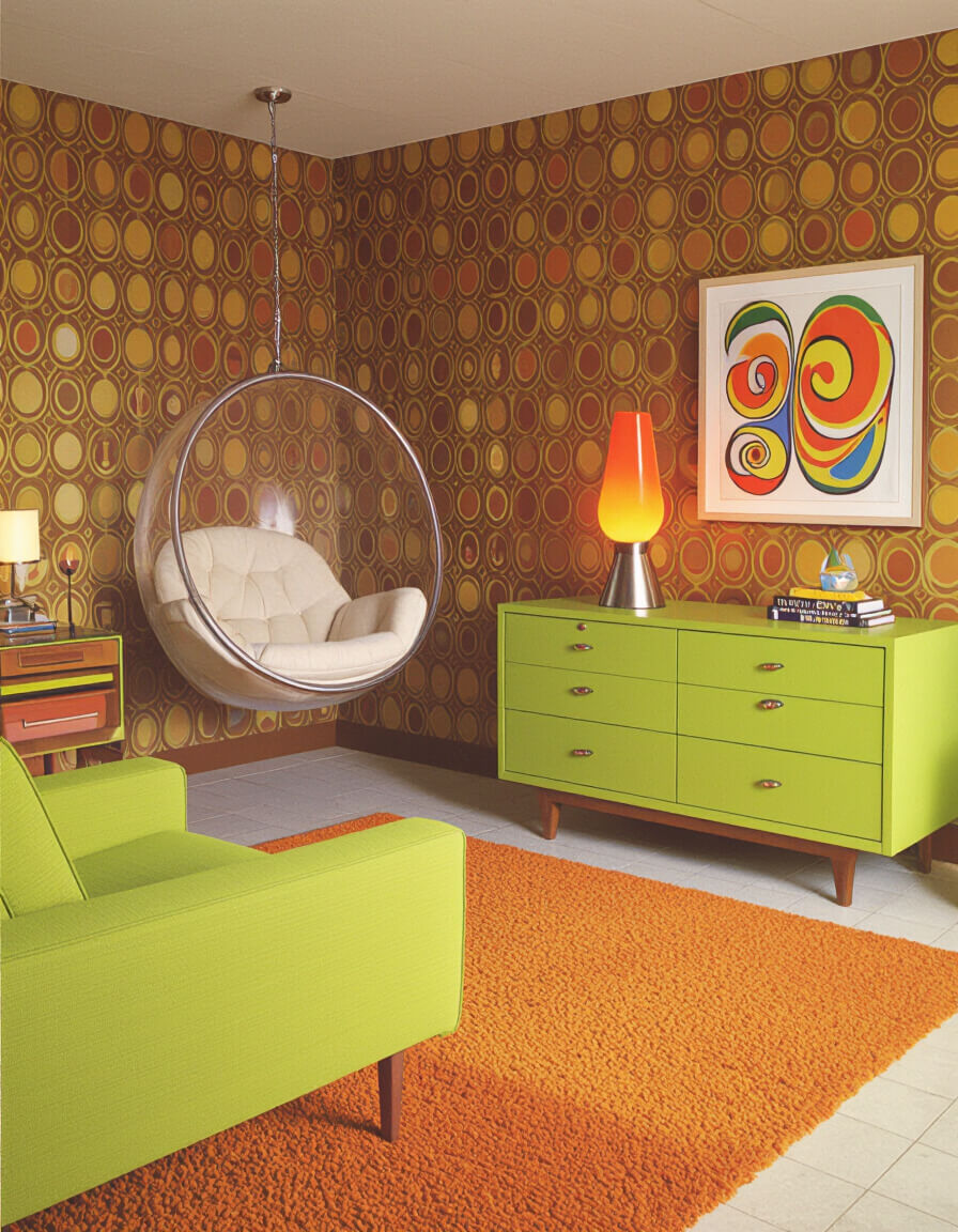 Retro 70s bedroom featuring brown gold wallpaper, burnt orange shag carpet, avocado furniture, hanging egg chair and glowing lava lamp for colorful bedroom inspiration.