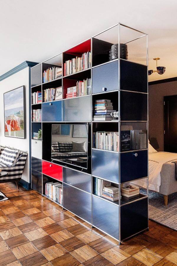 Innovative room divider ideas: Bold storage meets sleek, stylish design.