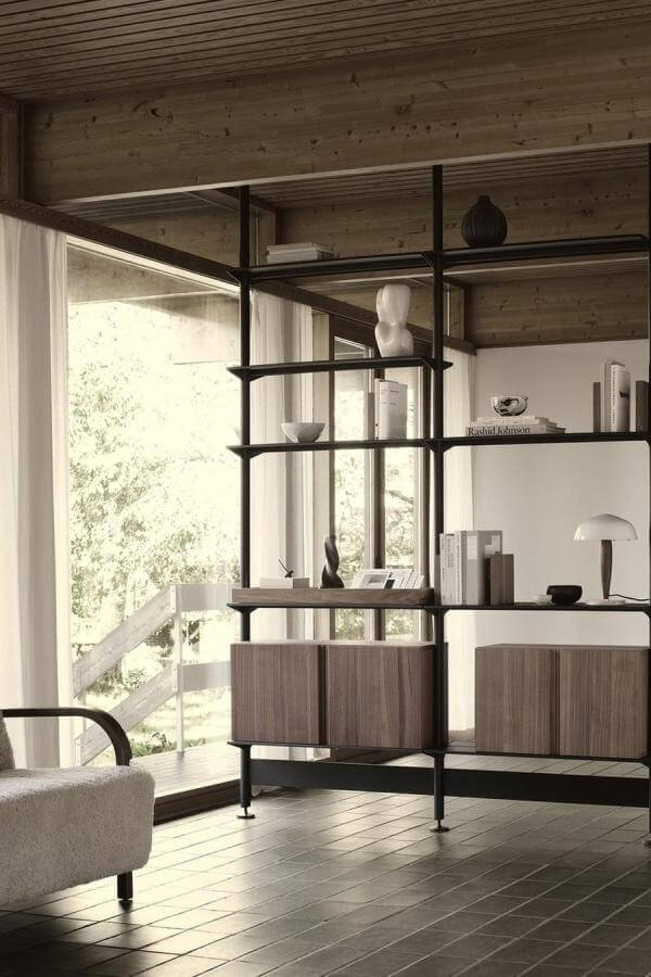 Sophisticated serenity achieved through earthy wood; explore room divider ideas.