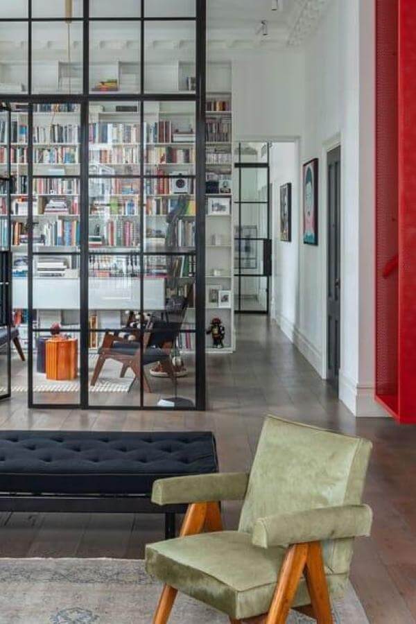 Industrial room divider frames create a literary haven; explore room divider ideas.