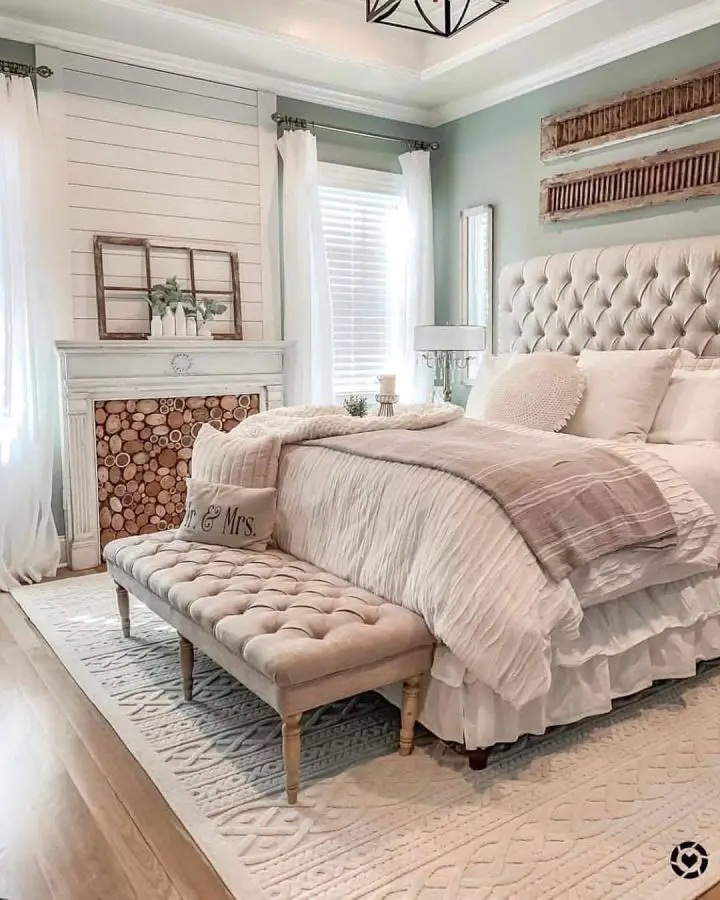 Peaceful sage green bedroom from @farmhouseismystyle. Features white shiplap accent wall and rustic farmhouse decor.