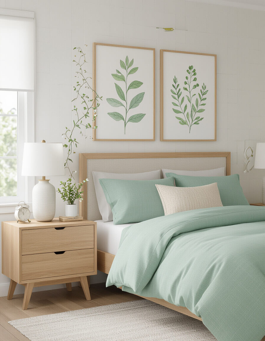 Sage green botanical bedroom with natural wood nightstands featuring leafy prints and pastel decor elements on white walls