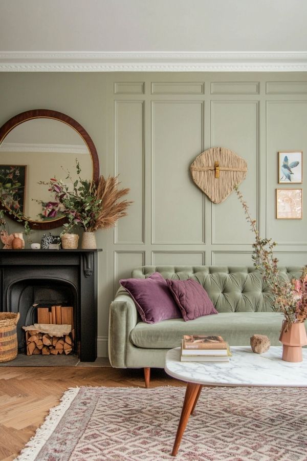 Sage green living room ideas: cozy space with woven wall art.