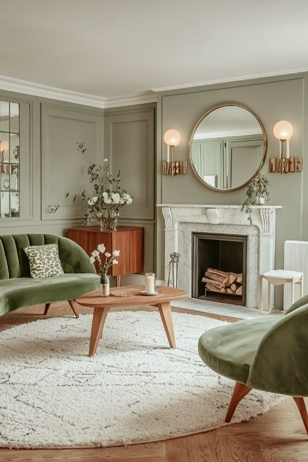 Sage green living room with marble fireplace showcasing calming decor; sage green living room ideas.