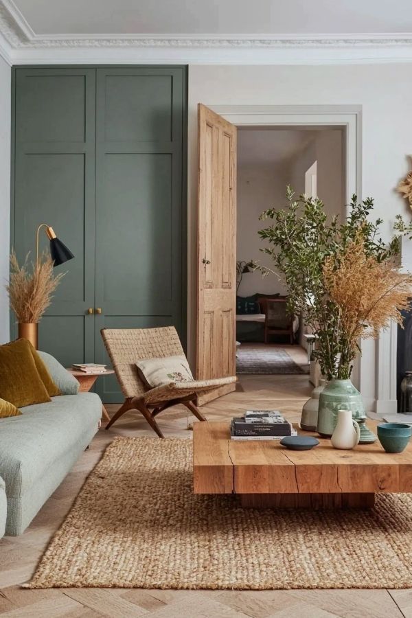 Sage green living room with rustic wooden table; sage green living room ideas.