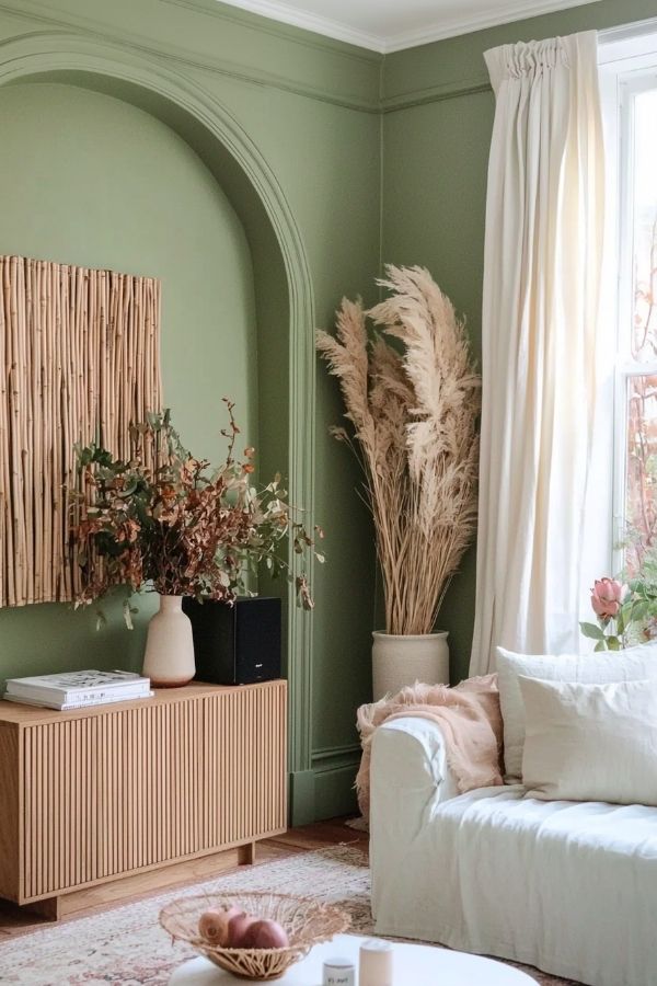 Sage green living room with textured art enhancing modern decor. Sage green living room ideas.