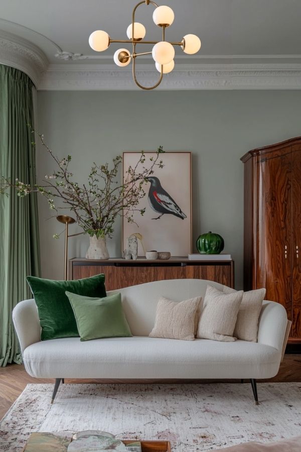 Sage green living room with bird artwork; cozy, elegant decor inspiration.