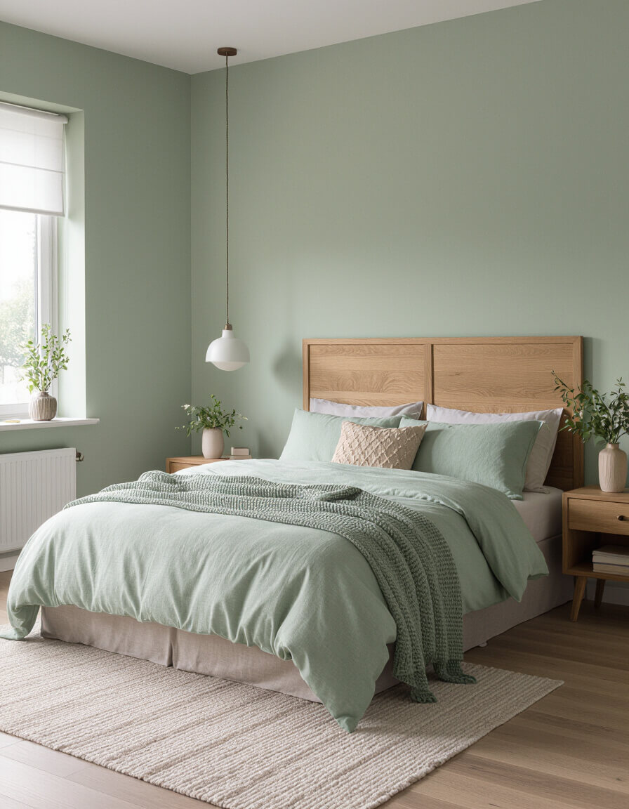 Serene sage green monochrome bedroom featuring natural wood headboard and coordinating green textiles in various textures and tones.