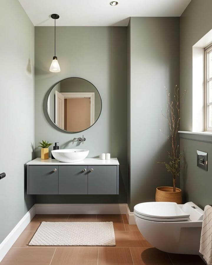 Floating dark grey vanity with white basin in sage green powder room ideas. Round mirror and natural decor accents brighten serene small bathroom.