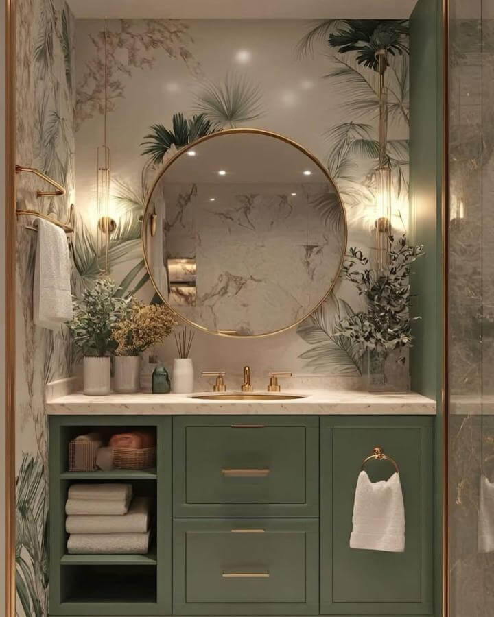 Sage green vanity with tropical wallpaper and brass accents in a powder room from @christinavoldhomes lending warmth and style.
