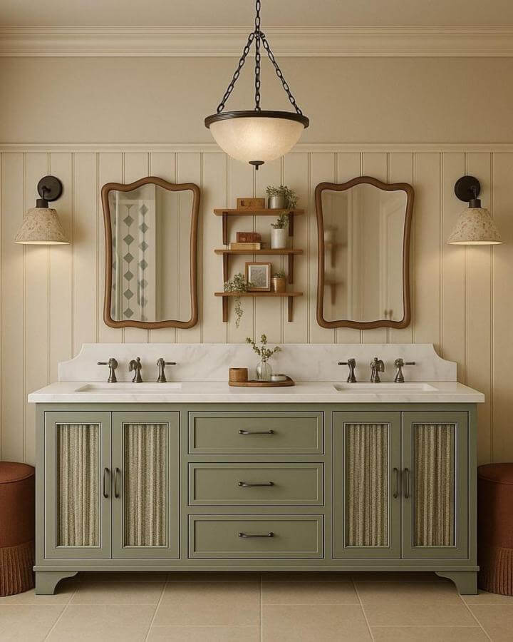 sage green vanity with textured doors and warm wood mirrors in a powder room by @nefarious_interior_design showcasing sage green powder room ideas