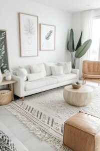 Sunlit Boho living room with textured decor and natural elements.