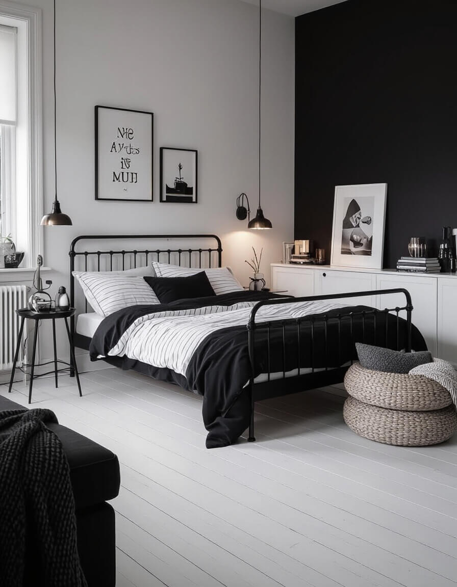 Cozy Scandinavian bedroom featuring black metal bed frame on white wooden floors with hygge-inspired textures and minimalist black and white decor