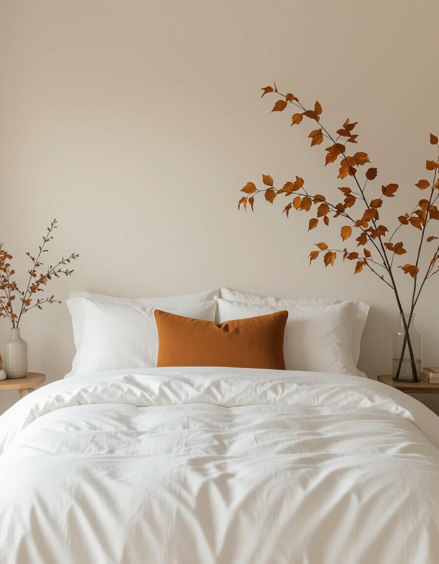 Tall glass vase with autumn branches on bedside table in minimalist bedroom featuring cream walls and white bedding with amber pillow