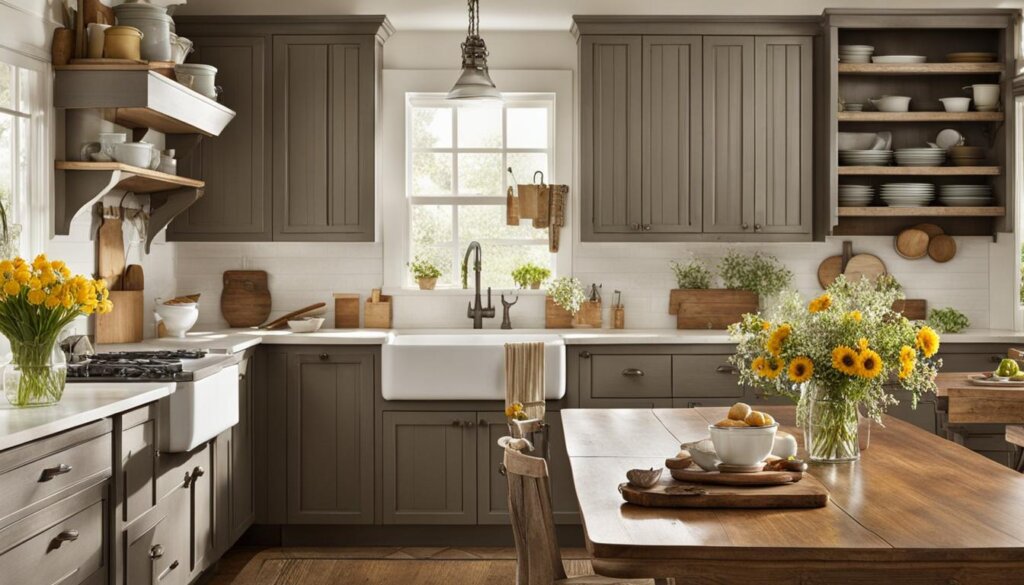 shabby chic kitchen with warm white and mellow wood