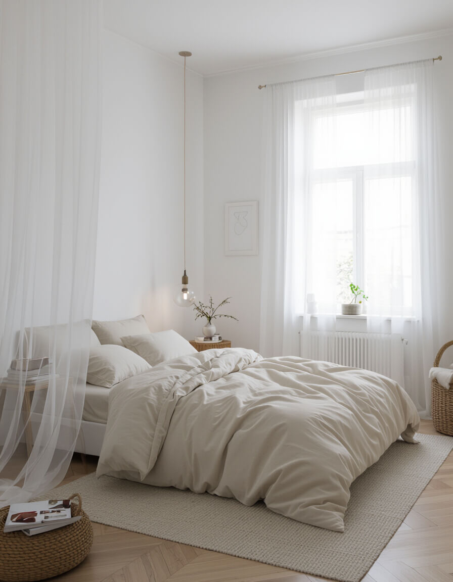 Flowing sheer curtains create dramatic layers in minimalist white bedroom with ivory bedding for romantic atmosphere