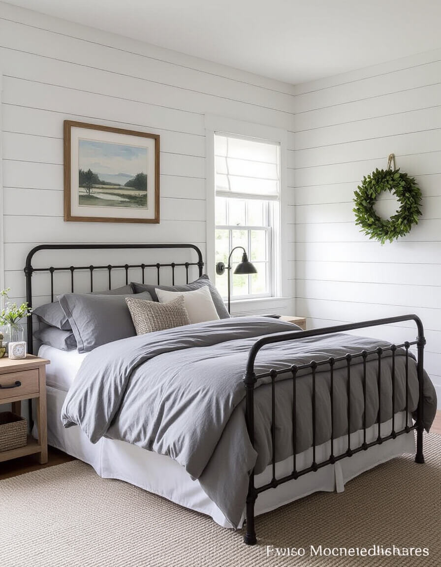 Cozy farmhouse bedroom featuring white shiplap accent wall behind wrought iron bed with soft gray bedding and rustic charm