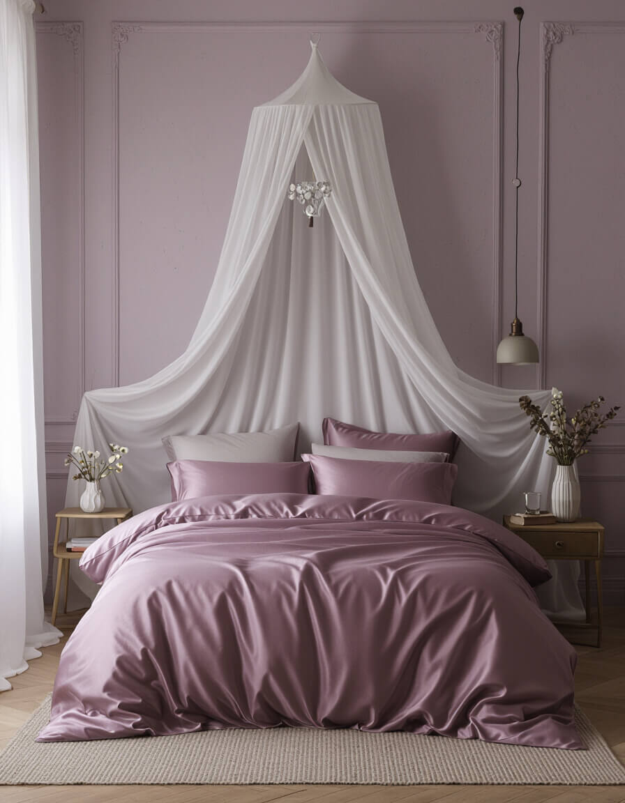 Layered silk bedding in romantic bedroom with dusty lavender walls and white curtains creating luxurious intimate atmosphere