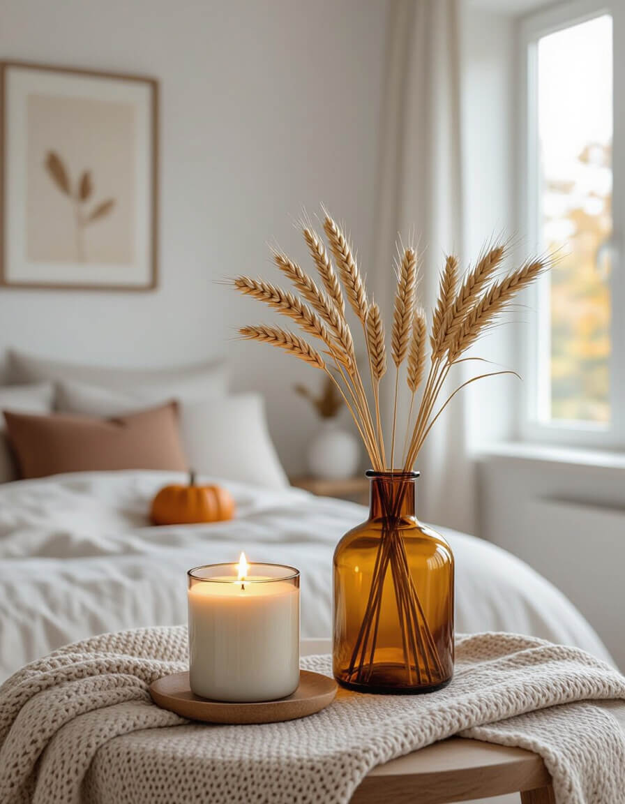 Simple candle arrangement with amber vase and wheat stems on nightstand in minimalist fall bedroom with warm white walls