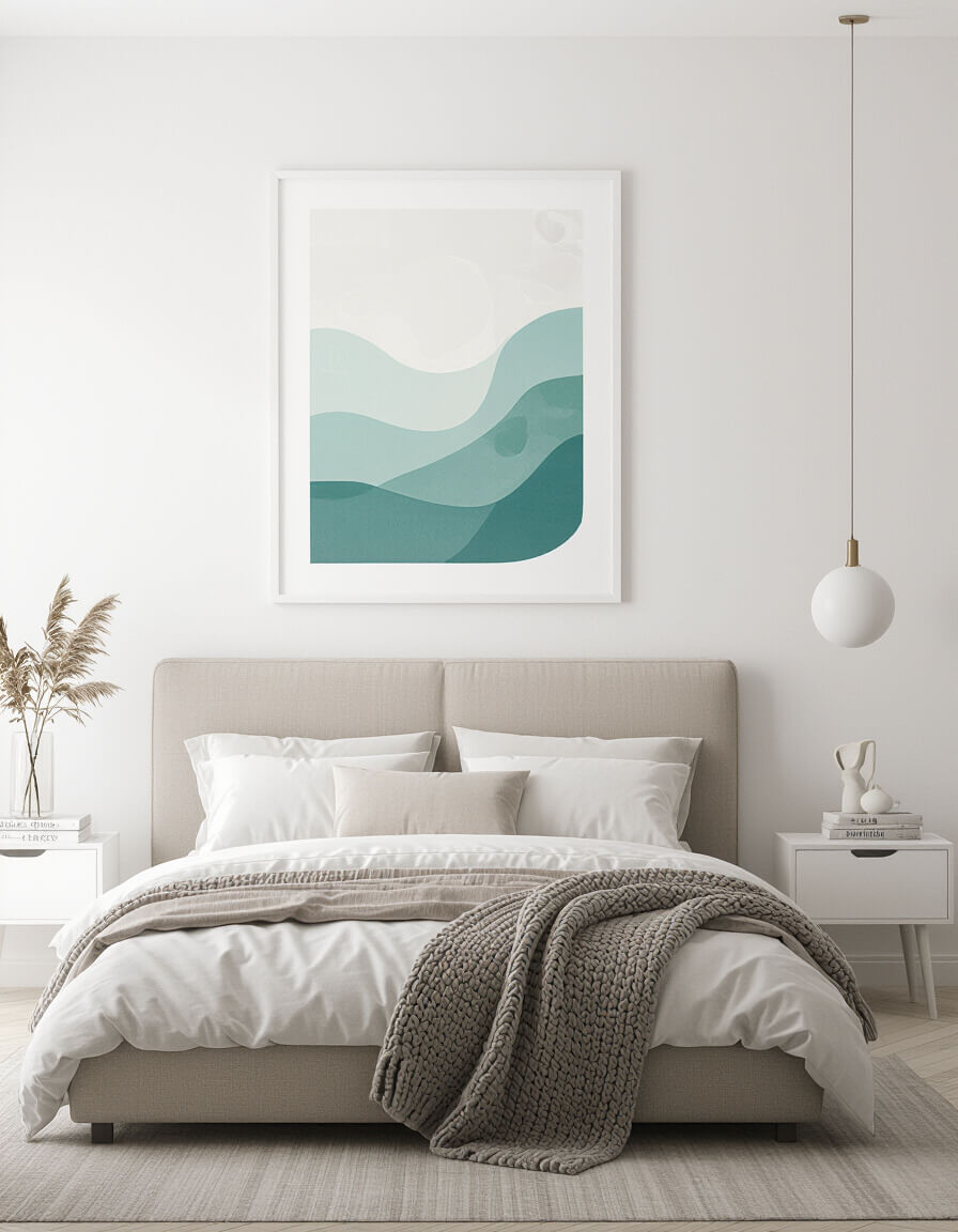 Large abstract artwork hangs above taupe headboard in clean minimalist bedroom with white walls showcasing single statement art piece